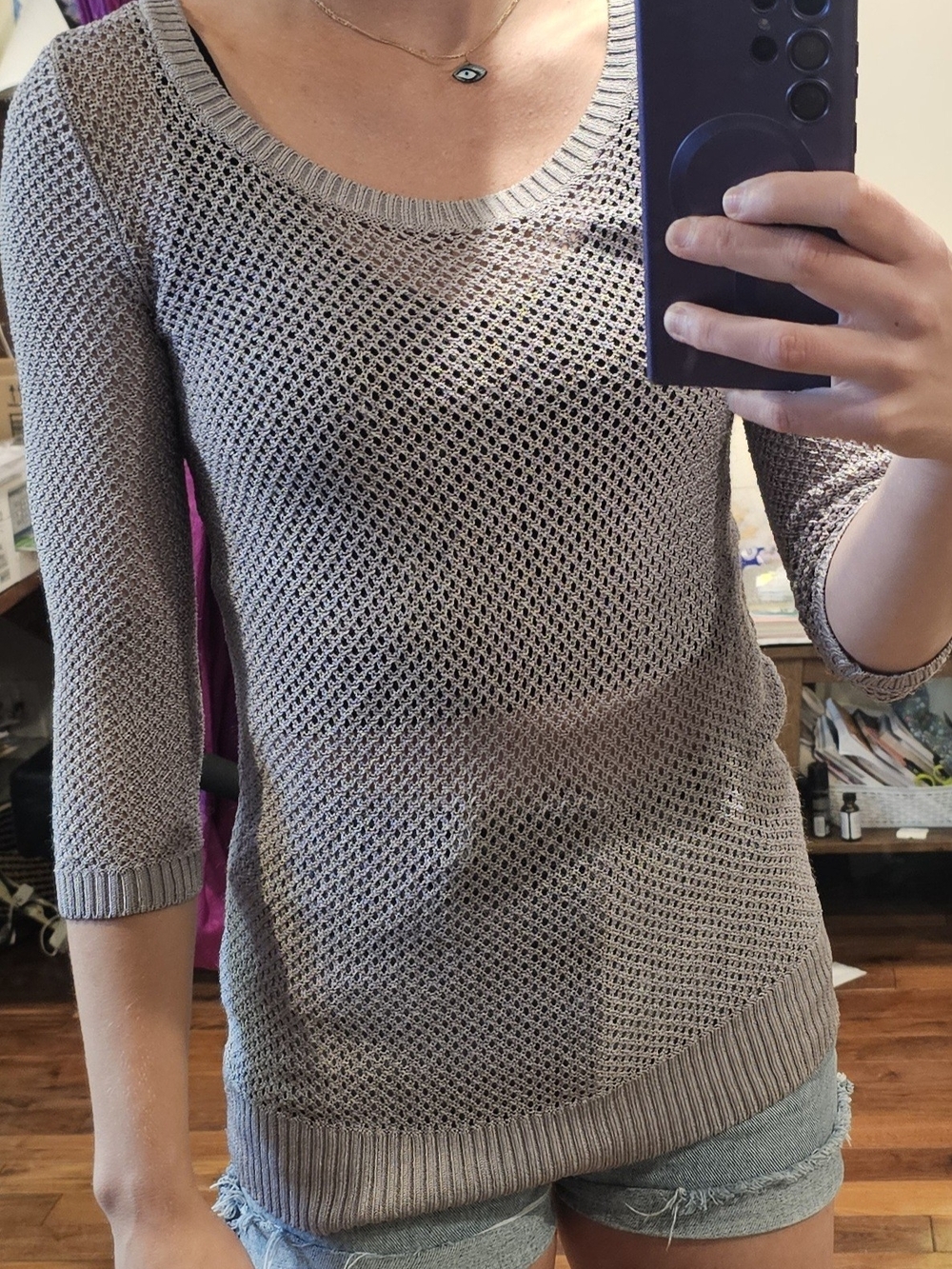Ann Taylor Light Gray Open-Knit Scoop Neck Sweater